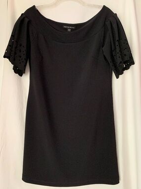 Boston Proper black wide scoop neck sheath dress with laser cut-out sleeves